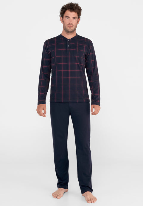 Pijama Hombre Largo Premium Tapeta Punto Estampado Granate Marino