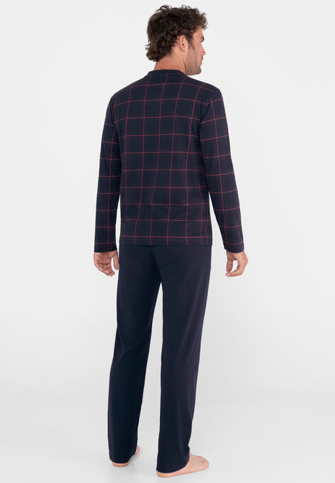 Pijama Hombre Largo Premium Tapeta Punto Estampado Granate Marino
