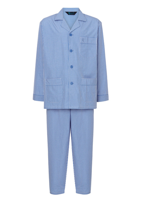 Pijama Hombre Largo Solapa Tela Popelín Cuadros Azules