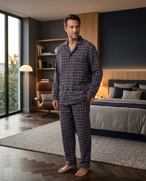 Hombre de pie en un dormitorio con pijama largo de cuadros oscuros, chaqueta de solapa abotonada y pantalón a juego.