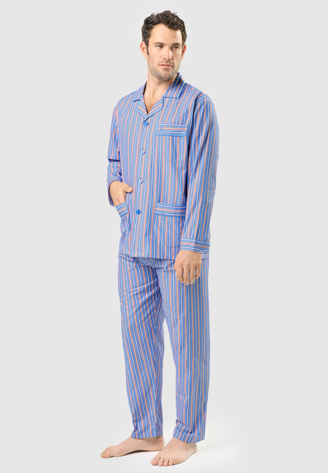 Langer, gestreifter Popeline-Revers-Pyjama für Herren – Blau 1534_30