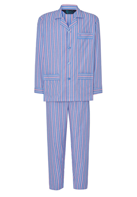 Langer, gestreifter Popeline-Revers-Pyjama für Herren – Blau 1534_30