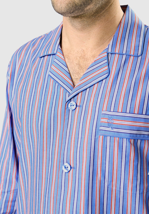 Men's Long Striped Poplin Lapel Pajamas - Blue 1534_30