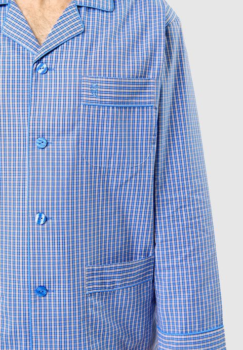 Men's Long Plaid Poplin Lapel Pajamas - Blue 1535_30