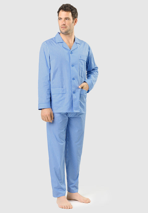 Men's Long Plaid Poplin Lapel Pajamas - Blue 1536_36