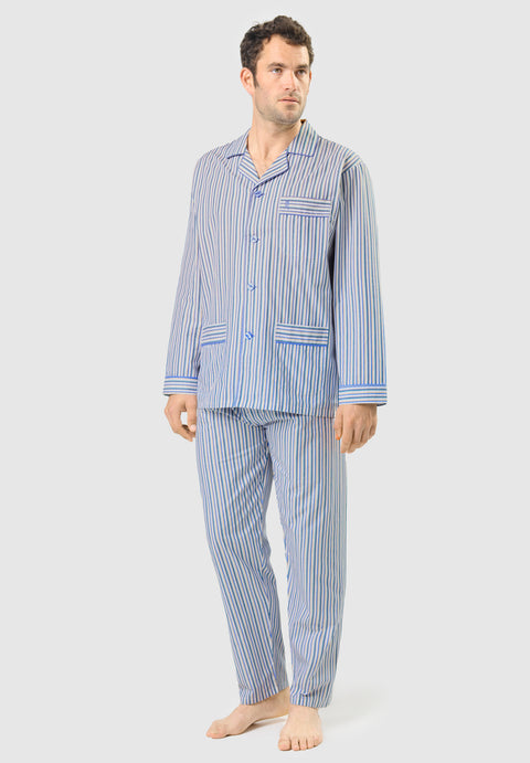 Men's Long Striped Poplin Lapel Pajamas - White 1537_01