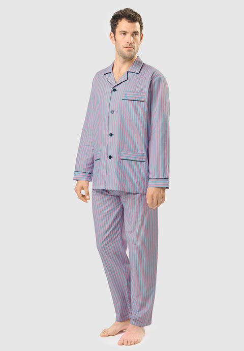Men's Long Striped Poplin Lapel Pajamas - White 1539_01