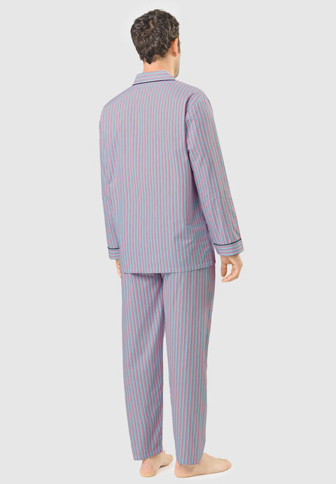 Men's Long Striped Poplin Lapel Pajamas - White 1539_01