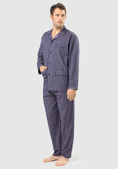 Men's Long Plaid Poplin Lapel Pajamas - Blue 1540_39
