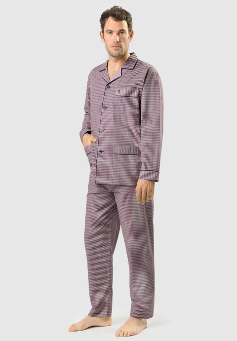 Men's Long Plaid Poplin Lapel Pajamas - Red 1541_90