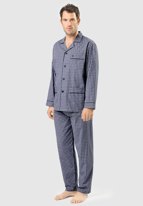 Men's Long Plaid Poplin Lapel Pajamas - Blue 1543_39