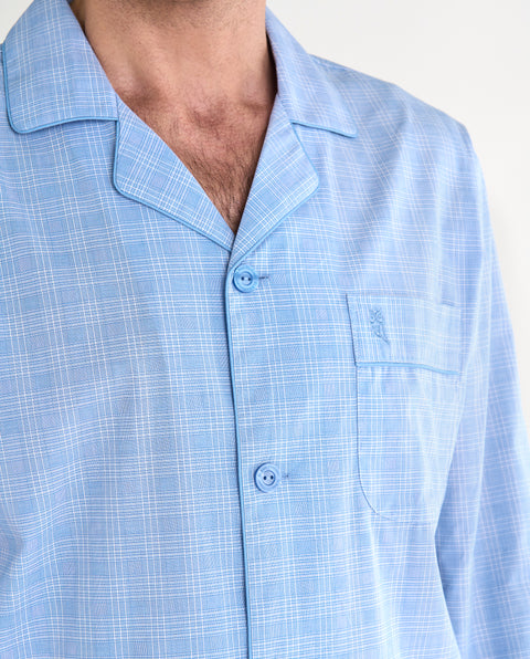   Pijama Hombre Largo Solapa Popelín Cuadros - Azul 1548_33 - 37535793 - https://www.elbuhonocturno.com/  