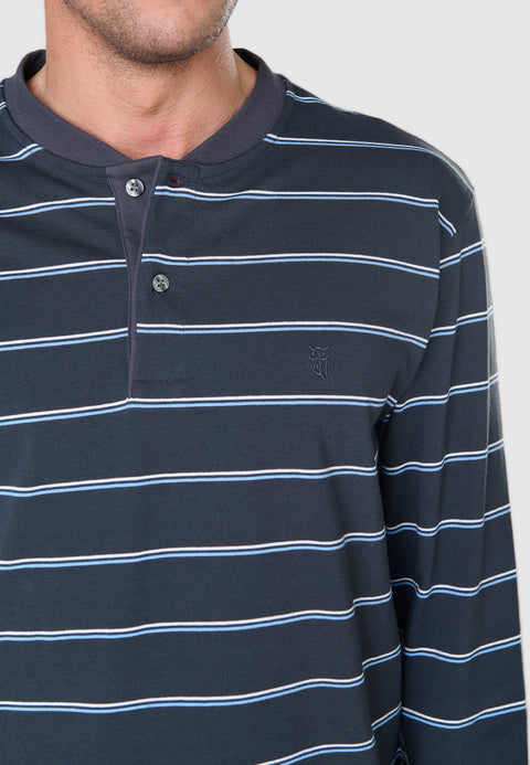 55025 - Long Winter Man Pajamas Premium Pointed Placket - Gray Light Blue Stripes