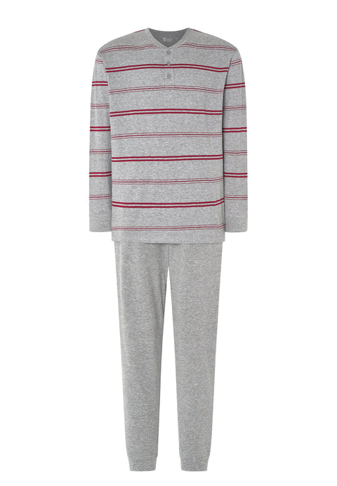 Men's Long Striped Knitted Placket Pajamas - Gray 5576_20