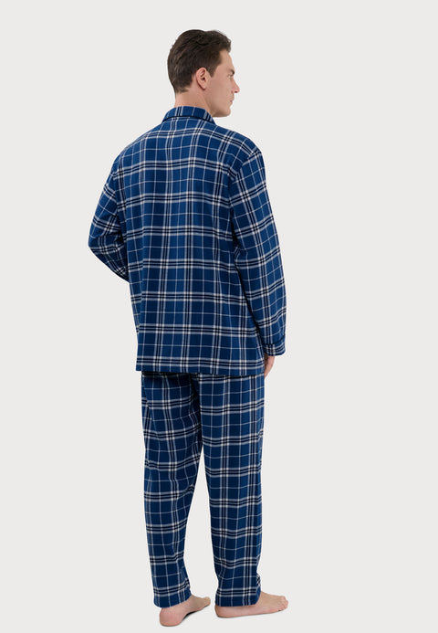   Pijama Hombre Largo Premium Solapa Algodón Franela Cuadros - Azul 2819_37 - 50479865 - https://www.elbuhonocturno.com/  