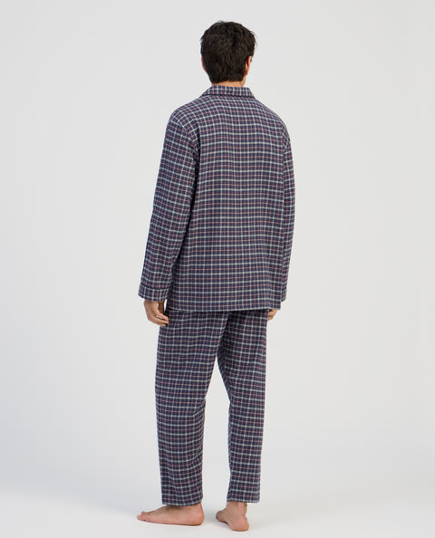 Pijama Hombre Largo Premium Solapa Algodón Franela Cuadros - Rojo 2824_90