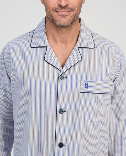 Pijama Hombre Largo Solapa Algodón Popelín Rayas - Azul 2995_30