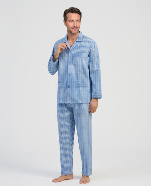 Pijama Hombre Largo Solapa Algodón Popelín Cuadros - Azul 2996_33