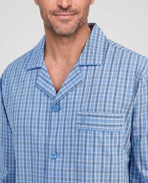 Pijama Hombre Largo Solapa Algodón Popelín Cuadros - Azul 2996_33