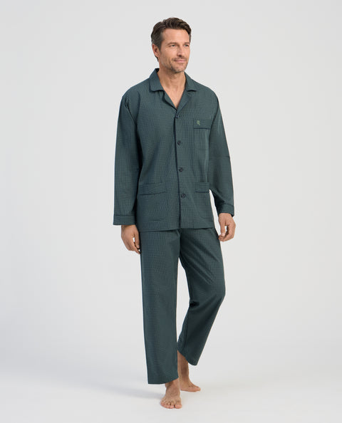 Pijama Hombre Largo Solapa Algodón Popelín Cuadros - Verde 2997_46