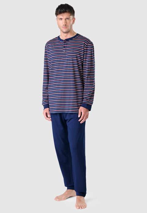 Men's Long Striped Knitted Placket Pajamas - Blue 5309_39