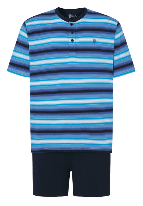 Kurzer Herren-Pyjama mit gestreifter Strickleiste – Blau 3036_33