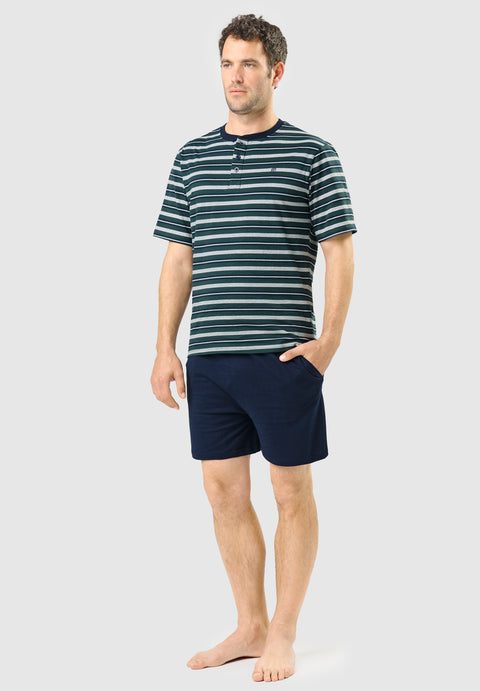 Pyjama court homme avec patte de boutonnage en tricot rayé - Vert 3080_40