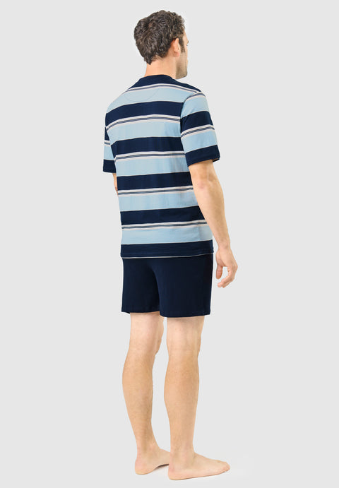 Men's Short Striped Round Neck Pajamas - Blue 3082_39