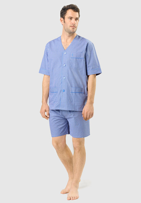 Kurzer Judo-Popeline-Karo-Pyjama für Herren – Blau 4535_30