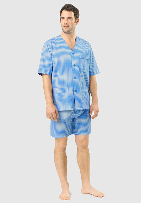 Men's Short Judo Poplin Checked Pajamas - Blue 4536_36