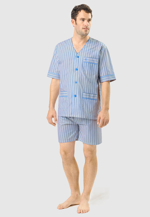 Kurzer Judo-Pyjama aus gestreiftem Popeline für Herren – Weiß 4537_01