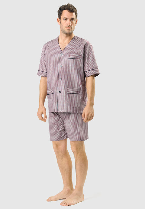 Kurzer Judo-Popeline-Karo-Pyjama für Herren – Rot 4541_30