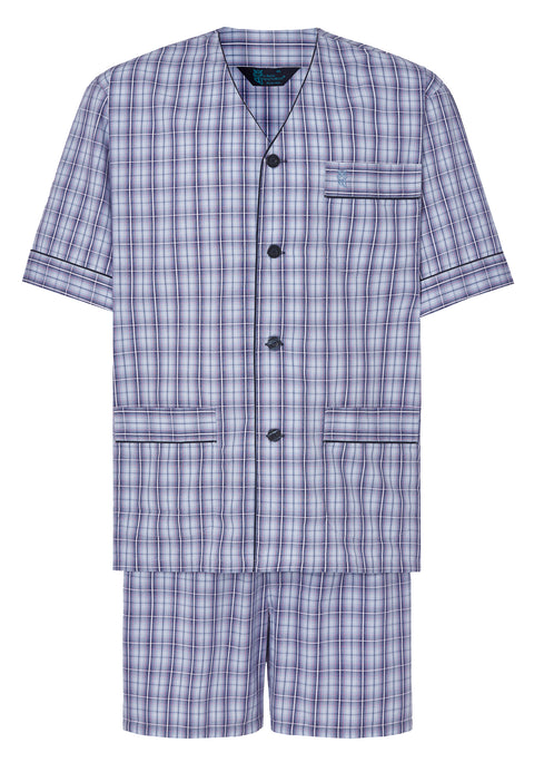 Kurzer Judo-Popeline-Karo-Pyjama für Herren – Blau 4542_30
