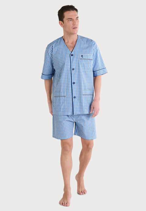   Pijama Hombre Verano Corto Judo Popelín Cuadros - Azul 4548_36 - 20889764 - https://www.elbuhonocturno.com/  