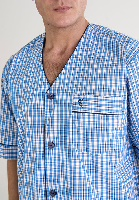   Pijama Hombre Verano Corto Judo Popelín Cuadros - Azul 4548_36 - 53958160 - https://www.elbuhonocturno.com/  