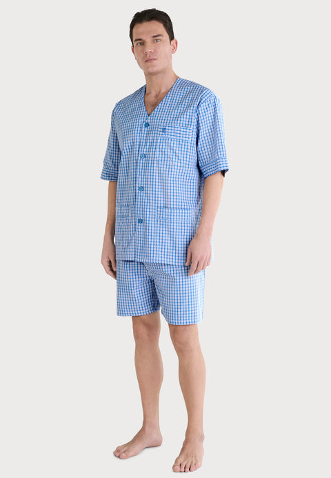   Pijama Hombre Verano Corto Judo Popelín Cuadros - Azul 4550_33 - 10364590 - https://www.elbuhonocturno.com/  