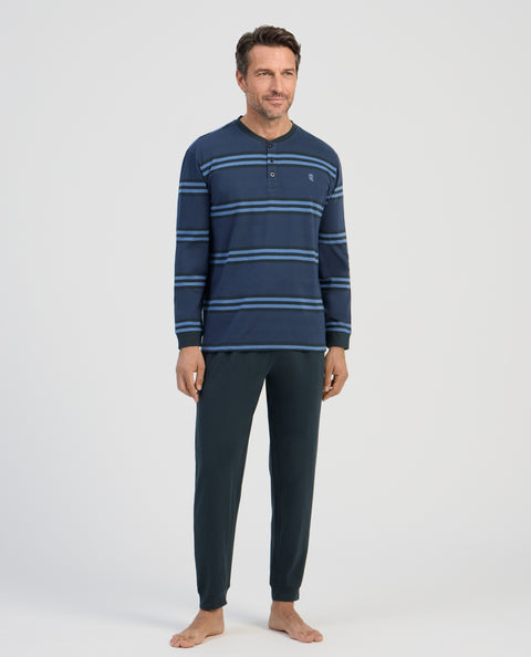 Pijama Hombre Invierno Premium Tapeta Algodón Punto Rayas - Azul 5403_39