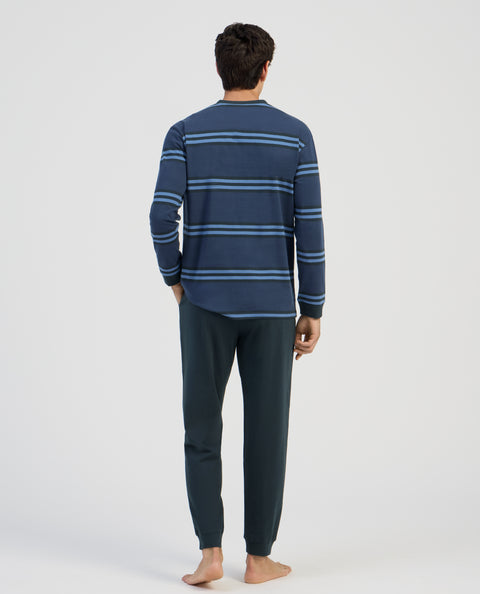 Pijama Hombre Invierno Premium Tapeta Algodón Punto Rayas - Azul 5403_39