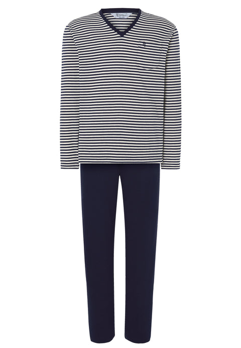 Langer Premium-Pyjama mit Streifen für Herren mit V-Ausschnitt – Blau 55004_10