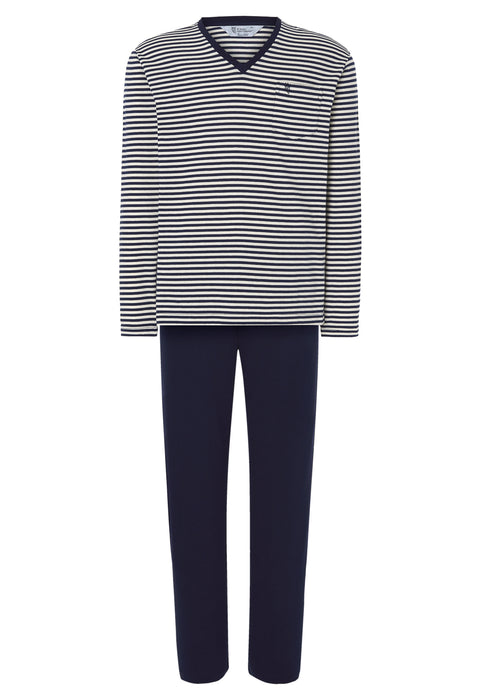   Pijama Hombre Invierno Premium Pico Algodón Punto Rayas - Azul 55004_10 - 44177316 - https://www.elbuhonocturno.com/  