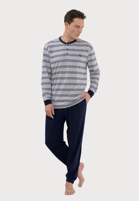   Pijama Hombre Largo Tapeta Algodón Punto Rayas - Gris 5590_20 - 61951166 - https://www.elbuhonocturno.com/  