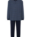 Mens Pajamas Long Placket Cotton Knit Striped - Blue 5591_39 - Size 3 (M) / Blue / 100% cotton