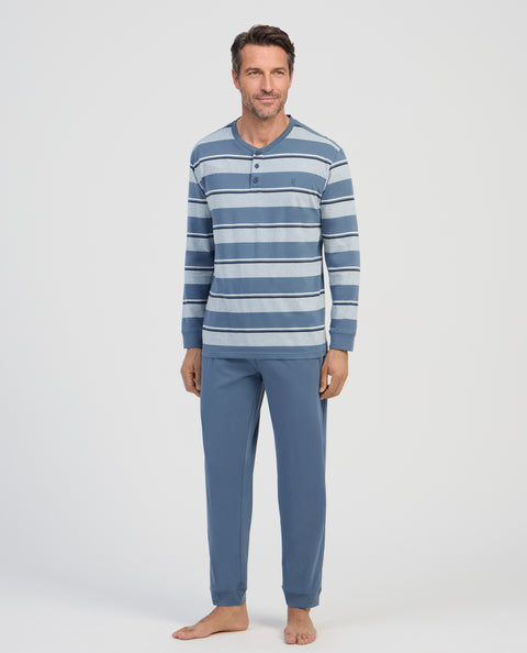 Pijama Hombre Largo Tapeta Algodón Punto Rayas - Azul 5600_35