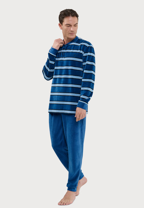 Pijama Hombre Invierno Terciopelo Rayas - Azul 5741_36