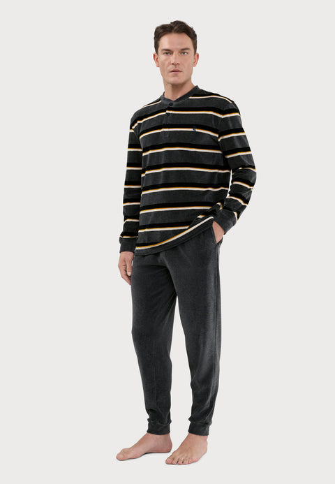 Pijama Hombre Invierno Terciopelo Rayas - Gris 5744_22