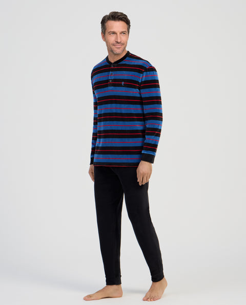 Pijama Hombre Invierno Terciopelo Rayas - Azul 5748_38