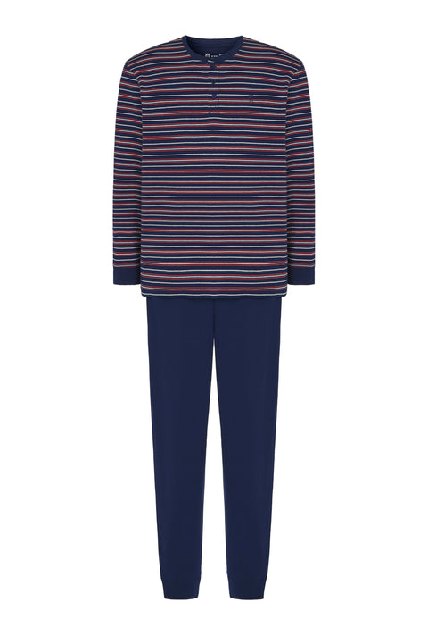 5309 - Long Man Pajama with Striped Knitted Placket - Navy