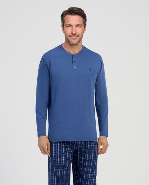 Camiseta Pijama Hombre Manga Larga Tapeta Algodón Lisa - Azul 7537_36