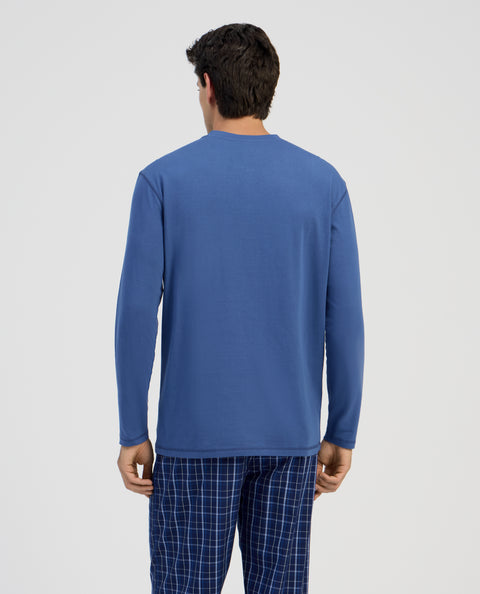 Camiseta Pijama Hombre Manga Larga Tapeta Algodón Lisa - Azul 7537_36