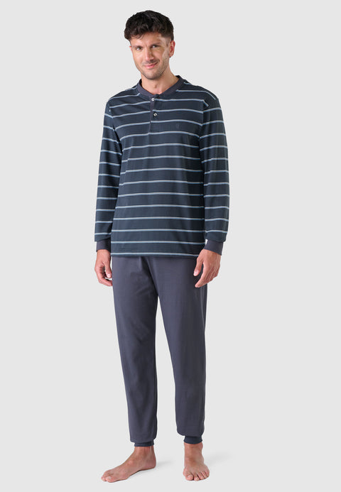 55025 - Pyjama long hiver homme en tricot premium avec patte de boutonnage - Gris rayures bleu clair